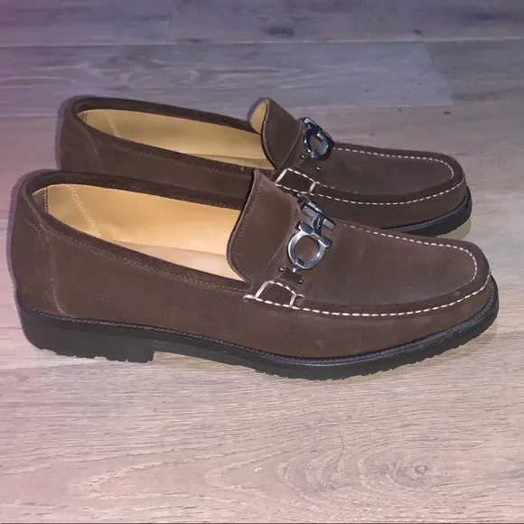 Salvatore Ferragamo Brown Leather Loafers with Horse-Bit Detail