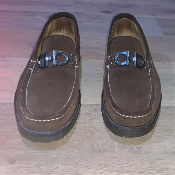 Salvatore Ferragamo Brown Leather Loafers with Horse-Bit Detail
