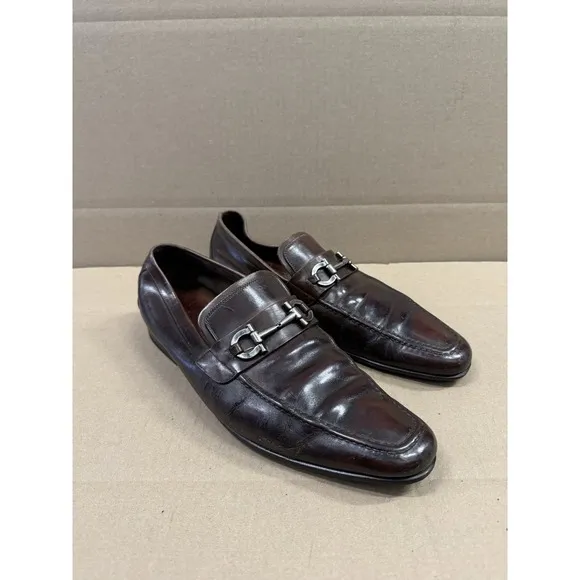 Salvatore Ferragamo Loafers Shoes Brown Leather Bit Apron Toe Slip On Men's 12