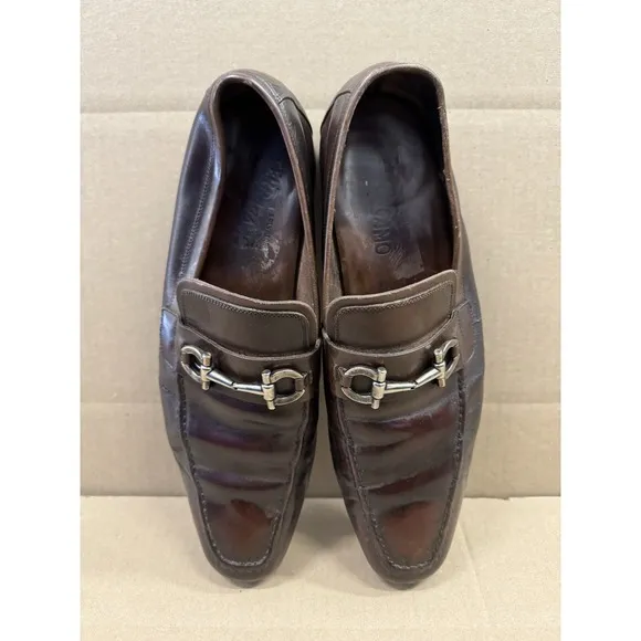 Salvatore Ferragamo Loafers Shoes Brown Leather Bit Apron Toe Slip On Men's 12