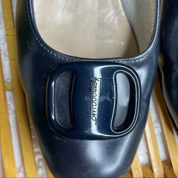 Salvatore Ferragamo Navy Blue Heeled Leather Loafers sz 6