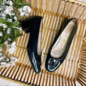 Salvatore Ferragamo Navy Blue Heeled Leather Loafers sz 6