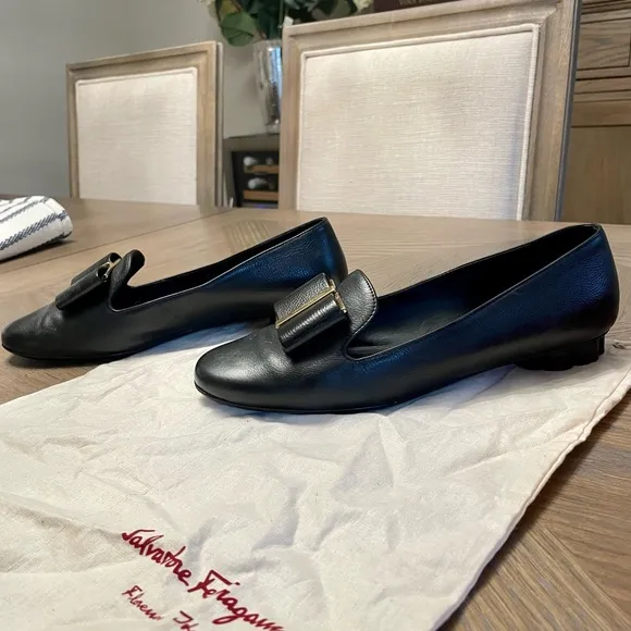 Salvatore Ferragamo Sarno Black Leather Loafers Shoes Flats