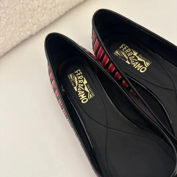 SALVATORE FERRAGAMO striped pink varina bow accent ballet flats size 11