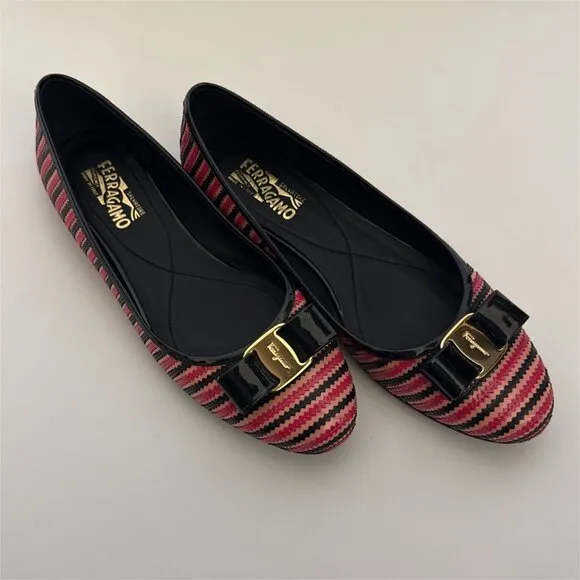 SALVATORE FERRAGAMO striped pink varina bow accent ballet flats size 11