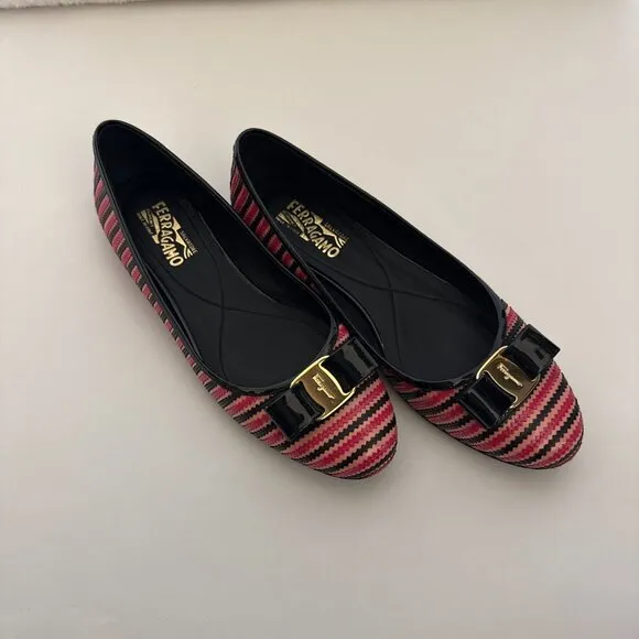 SALVATORE FERRAGAMO striped pink varina bow accent ballet flats size 11