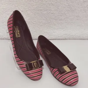 SALVATORE FERRAGAMO striped pink varina bow accent ballet flats size 11