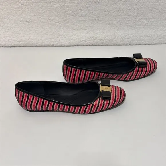SALVATORE FERRAGAMO striped pink varina bow accent ballet flats size 11