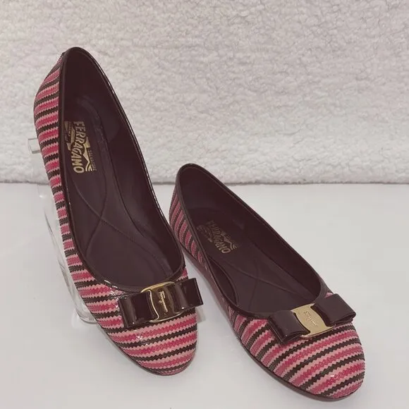 SALVATORE FERRAGAMO striped pink varina bow accent ballet flats size 11