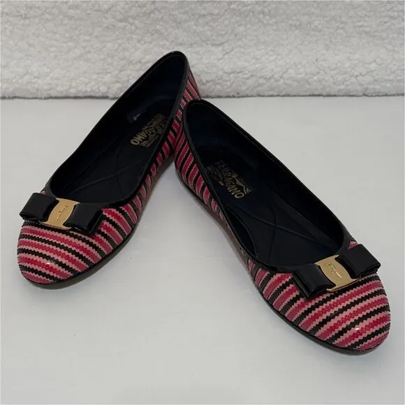 SALVATORE FERRAGAMO striped pink varina bow accent ballet flats size 11