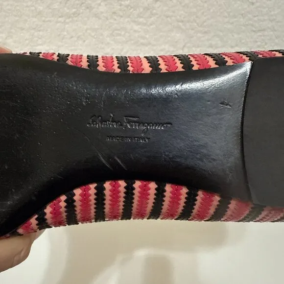 SALVATORE FERRAGAMO striped pink varina bow accent ballet flats size 11