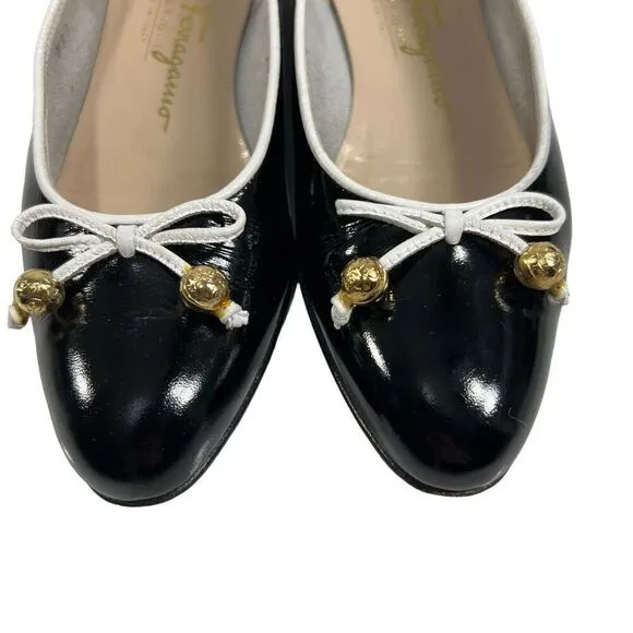 Salvatore Ferragamo Sz 4C Black Leather Ballet Flats with bow detail women’s