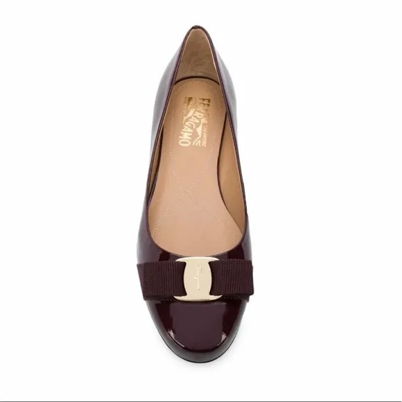 SALVATORE FERRAGAMO Varina Bow Ballet Flats Size 7 Patten Leather Burgundy