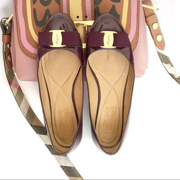 SALVATORE FERRAGAMO Varina Bow Ballet Flats Size 7 Patten Leather Burgundy