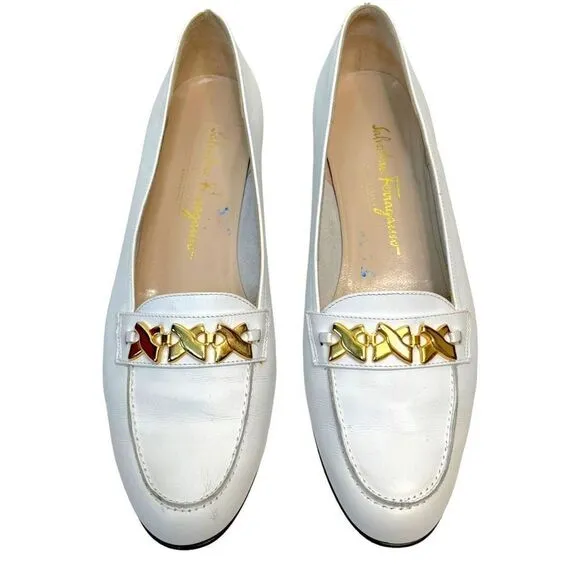 Salvatore Ferragamo White Leather Buckle Loafers Shoes Block Heel Size 9.5