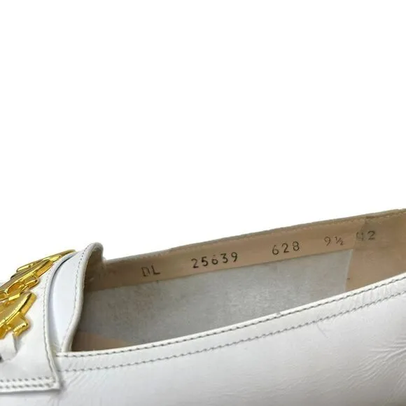Salvatore Ferragamo White Leather Buckle Loafers Shoes Block Heel Size 9.5