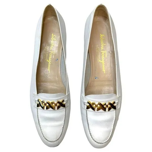 Salvatore Ferragamo White Leather Buckle Loafers Shoes Block Heel Size 9.5