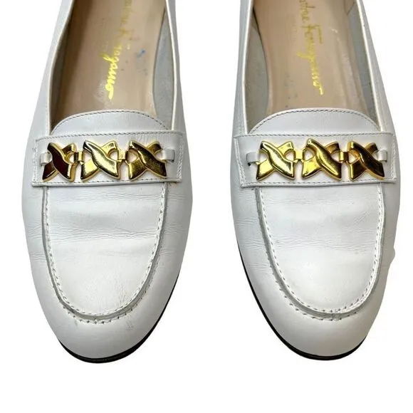 Salvatore Ferragamo White Leather Buckle Loafers Shoes Block Heel Size 9.5