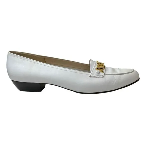 Salvatore Ferragamo White Leather Buckle Loafers Shoes Block Heel Size 9.5