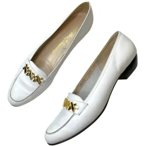 Salvatore Ferragamo White Leather Buckle Loafers Shoes Block Heel Size 9.5