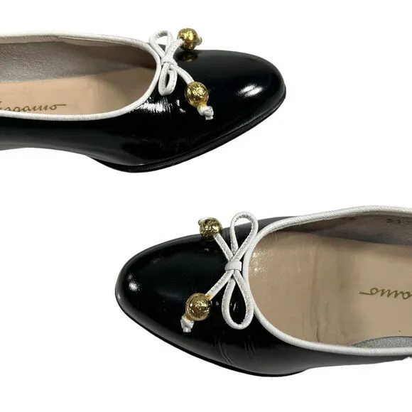 Salvatore Ferragamo Women's 4C Black Leather Bow Accent Ballet Flats Size 4C
