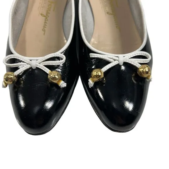 Salvatore Ferragamo Women's 4C Black Leather Bow Accent Ballet Flats Size 4C