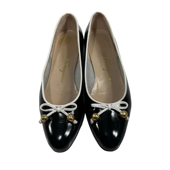 Salvatore Ferragamo Women's 4C Black Leather Bow Accent Ballet Flats Size 4C