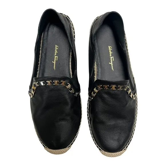 Salvatore Ferragamo Women's Shoe Telendos Chain Leather Black Espadrilles 8.5
