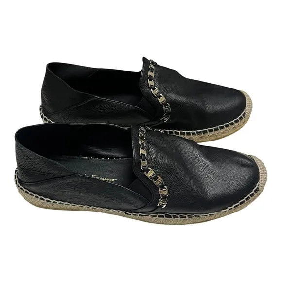 Salvatore Ferragamo Women's Shoe Telendos Chain Leather Black Espadrilles 8.5