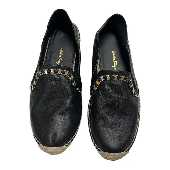 Salvatore Ferragamo Women's Shoe Telendos Chain Leather Black Espadrilles 8.5