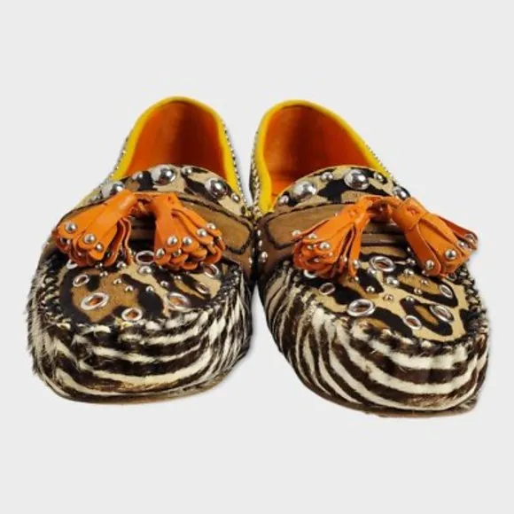 Sam Edelman Aurora Leather Zebra Animal Print Cow Hair Tassel Loafers Sz 7.5M