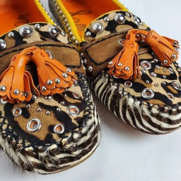 Sam Edelman Aurora Leather Zebra Animal Print Cow Hair Tassel Loafers Sz 7.5M