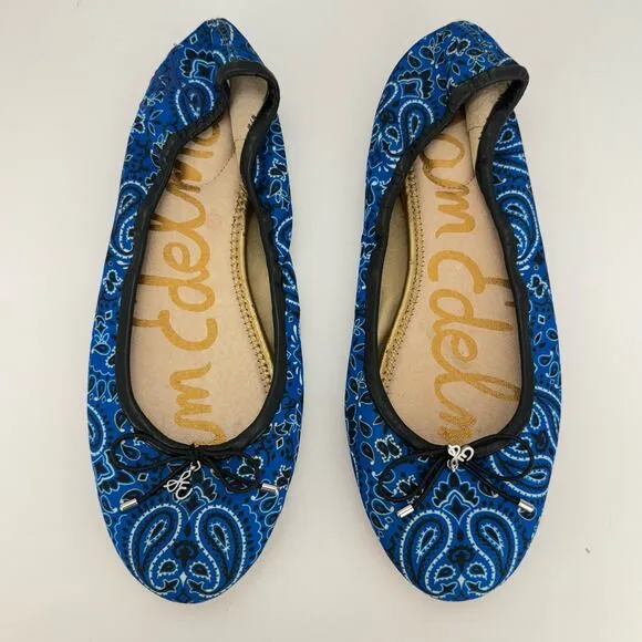 Sam Edelman Felicia Blue Paisley Fabric Leather Bow Ballet Flats Sz 7.5