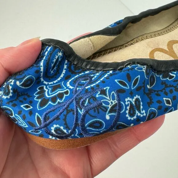 Sam Edelman Felicia Blue Paisley Fabric Leather Bow Ballet Flats Sz 7.5