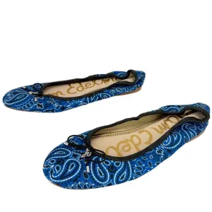 Sam Edelman Felicia Blue Paisley Fabric Leather Bow Ballet Flats Sz 7.5
