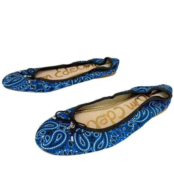 Sam Edelman Felicia Blue Paisley Fabric Leather Bow Ballet Flats Sz 7.5