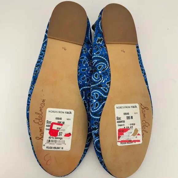 Sam Edelman Felicia Blue Paisley Fabric Leather Bow Ballet Flats Sz 7.5