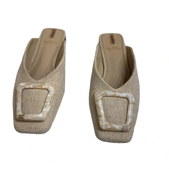 Sam Edelman Lin Natural Linen Buckle Detailed Squared Toe Slip On Flats Mules