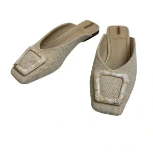 Sam Edelman Lin Natural Linen Buckle Detailed Squared Toe Slip On Flats Mules