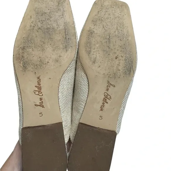 Sam Edelman Lin Natural Linen Buckle Detailed Squared Toe Slip On Flats Mules