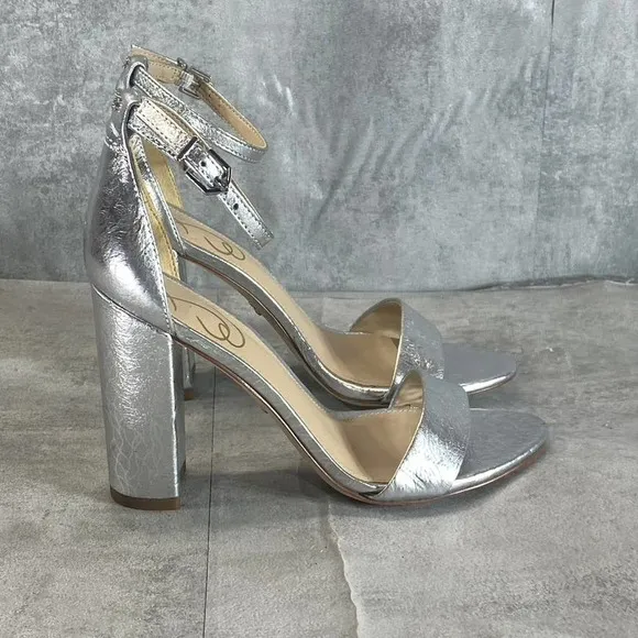 Sam Edelman Women's Silver Leather Yaro Round-Toe Ankle-Strap Sandals SZ 6.5