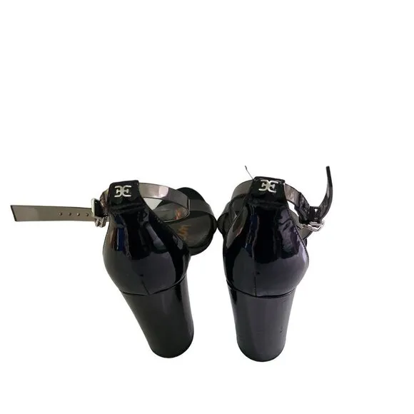 Sam Edelman Yaro Smoky Vinyl Black Patent Faux Leather Heel Sandals Size 7.5