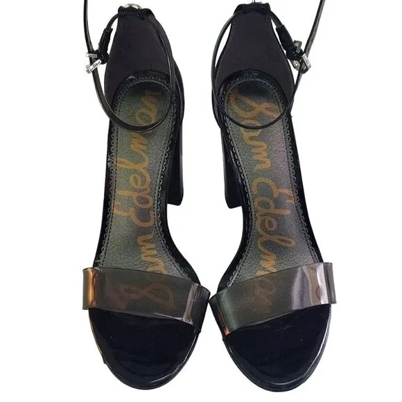 Sam Edelman Yaro Smoky Vinyl Black Patent Faux Leather Heel Sandals Size 7.5