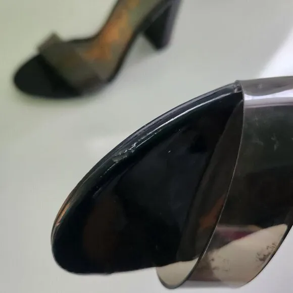 Sam Edelman Yaro Smoky Vinyl Black Patent Faux Leather Heel Sandals Size 7.5