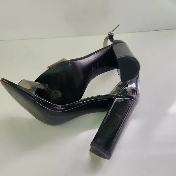 Sam Edelman Yaro Smoky Vinyl Black Patent Faux Leather Heel Sandals Size 7.5