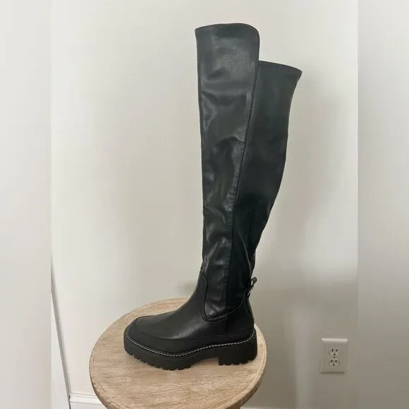 Sam Edelman Lerue Over The Knee Stretch Side Zip Lug Combat Boots Black NWOB