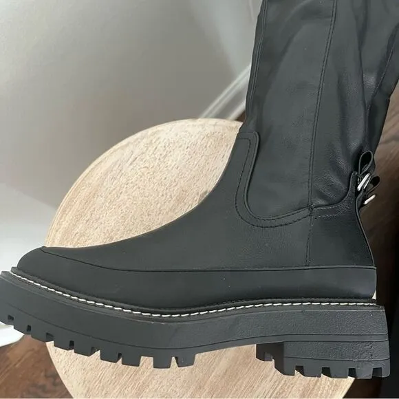 Sam Edelman Lerue Over The Knee Stretch Side Zip Lug Combat Boots Black NWOB