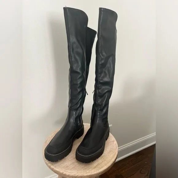 Sam Edelman Lerue Over The Knee Stretch Side Zip Lug Combat Boots Black NWOB