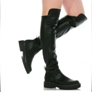 Sam Edelman Lerue Over The Knee Stretch Side Zip Lug Combat Boots Black NWOB