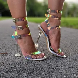 Sandal Heel Hologram Open Toe Toe Strappy Pumps